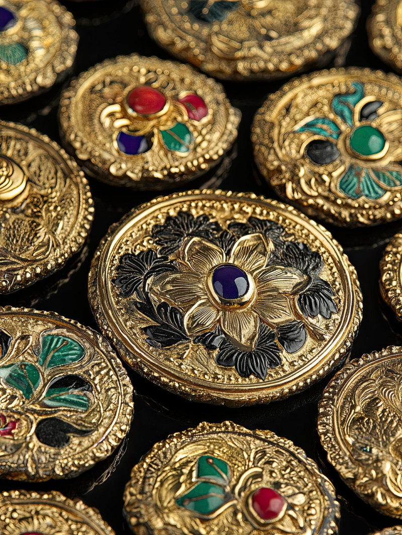 Gold accented coins in palekh style featuring intricate engravings, ornate patterns, and traditional russian decorative art, crafted with precision by palekh artists