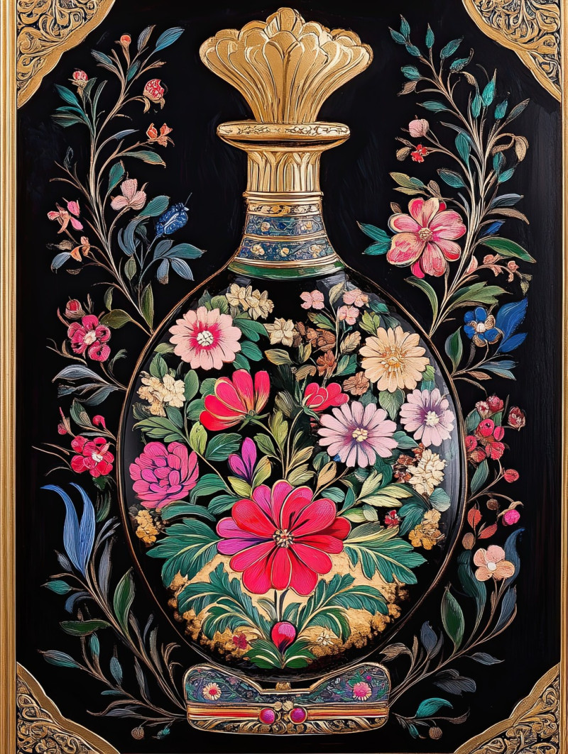 Herbal elixir in palekh artwork with ornate bottles, glowing liquids, and intricate floral motifs, blending russian folklore with the refined detailing of palekh art