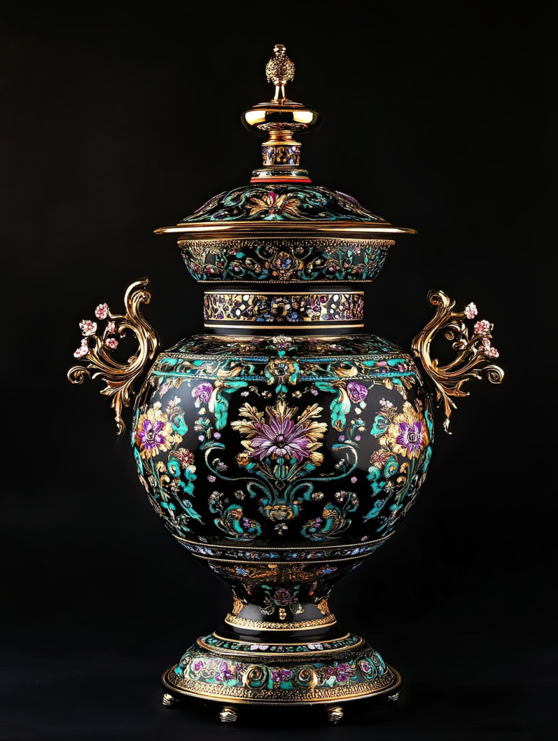 Ornate samovar in palekh painting with gold filigree, rich colors, and traditional russian tea culture, masterfully crafted by skilled palekh artists