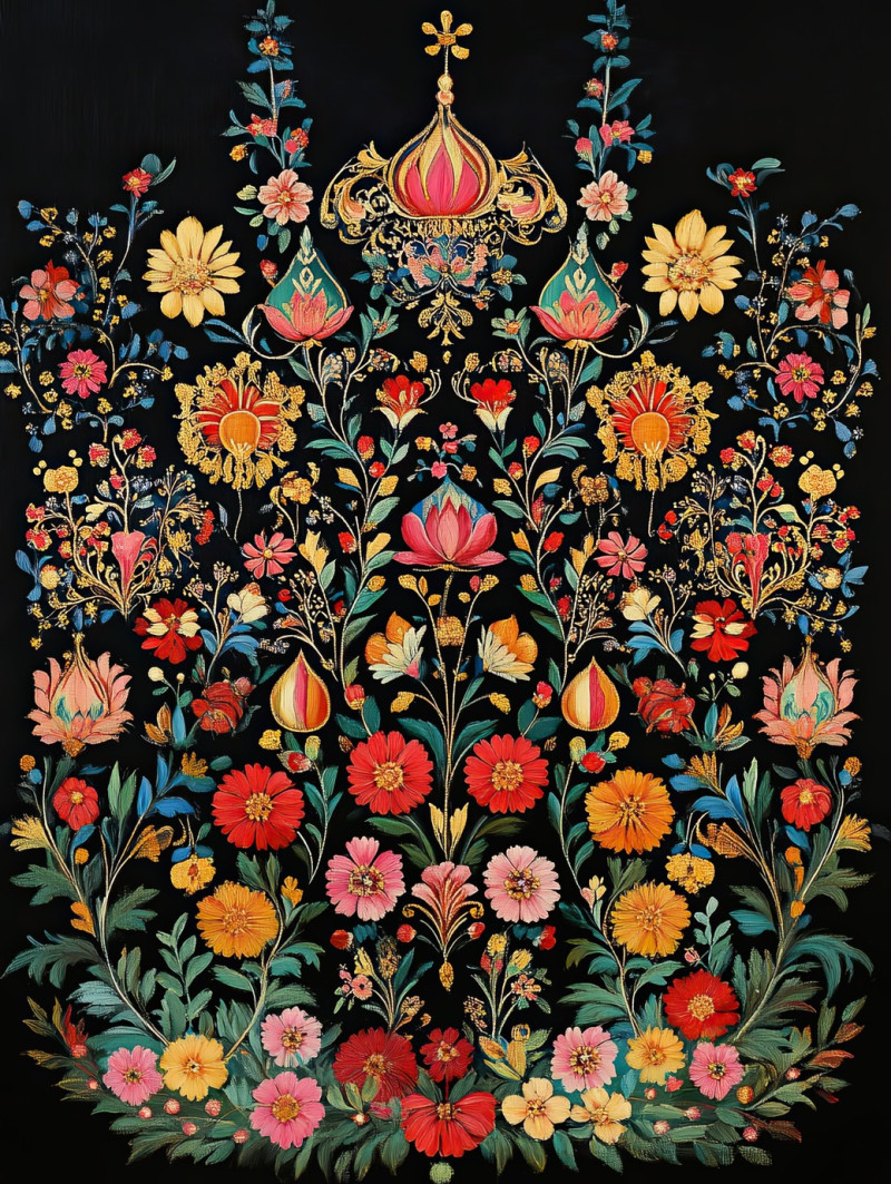 Russian festival in palekh colors with vibrant costumes, joyful dancers, and intricate patterns, capturing the lively spirit of tradition through palekh art