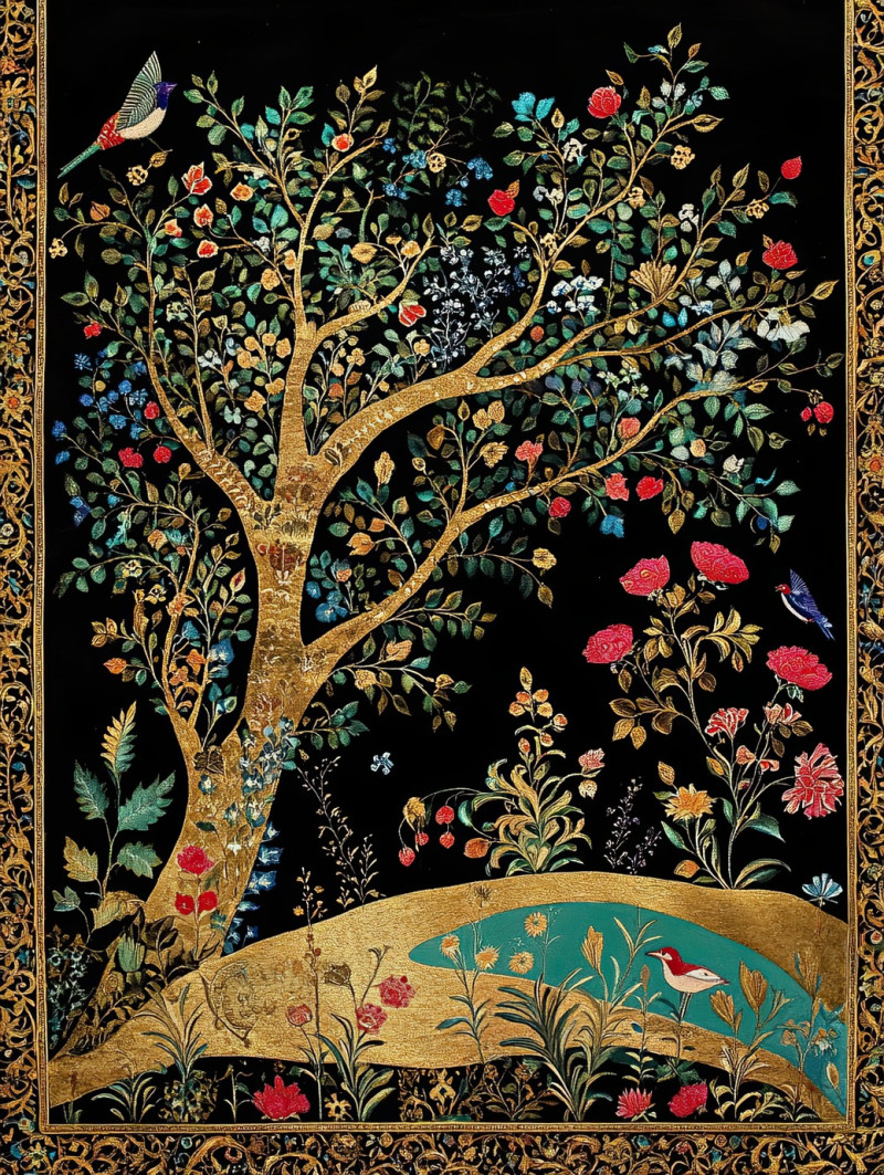 Fairy tale forest in palekh art with mystical trees, golden leaves, and legendary creatures, bringing russian folklore to life through the work of palekh artists