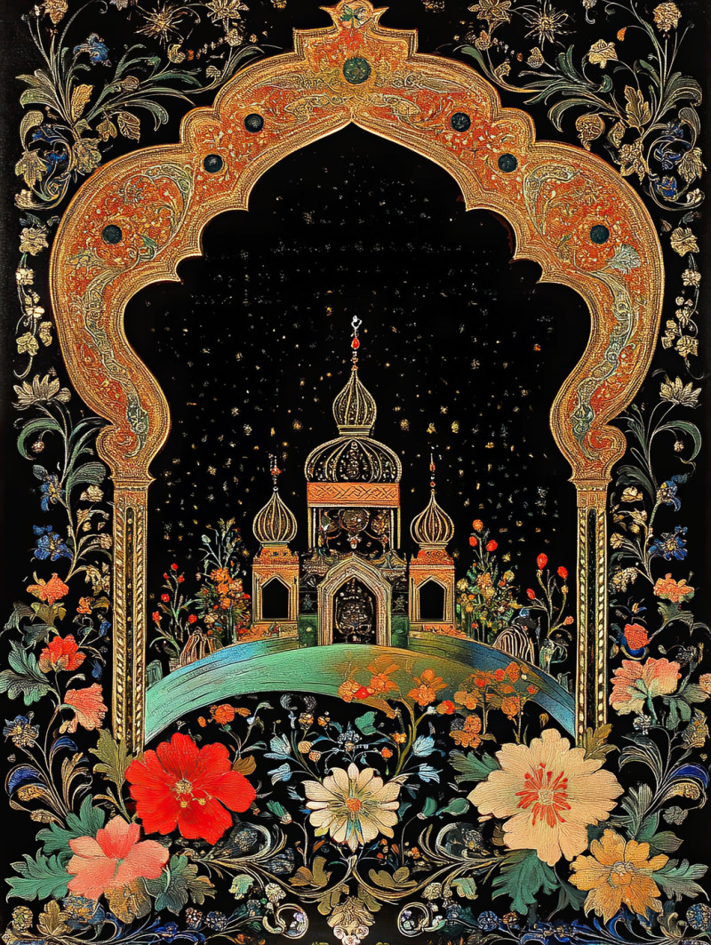 Cosmic scene in palekh miniature with glowing planets, celestial beings, and golden highlights, merging space and folklore in the detailed style of palekh artists