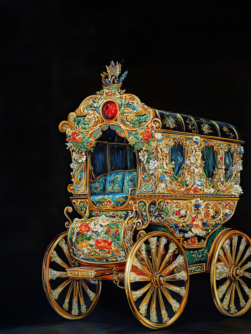 Russian carriage in palekh painting with gold embellishments, intricate detailing, and a fairy tale charm, showcasing the delicate artistry of palekh artists