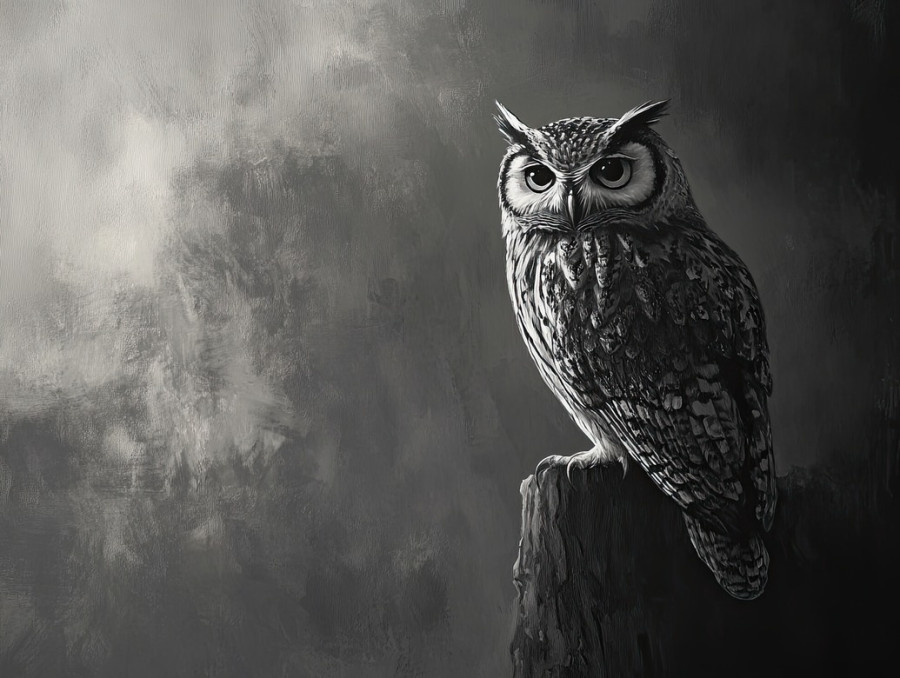 An owl perched gracefully, detailed in monochromatic tones, the grisaille oil painting technique highlights the bird wisdom and poise