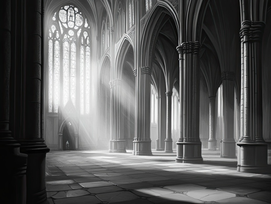 A towering gothic cathedral depicted in gray hues, the intricate architecture is captured using the acrylic grisaille method, emphasizing its grandeur