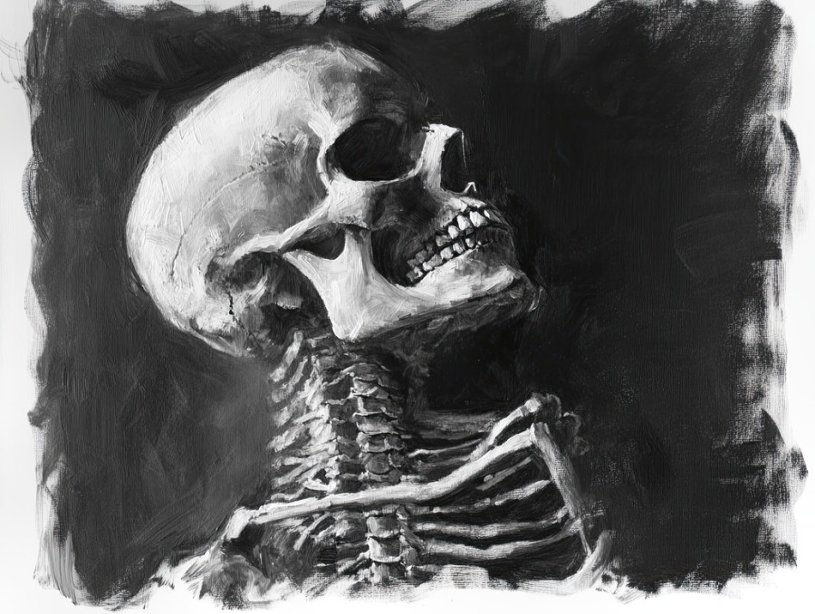 Detailed human anatomy illustration in monochrome, the grisaille oil painting style emphasizes muscle structure and form