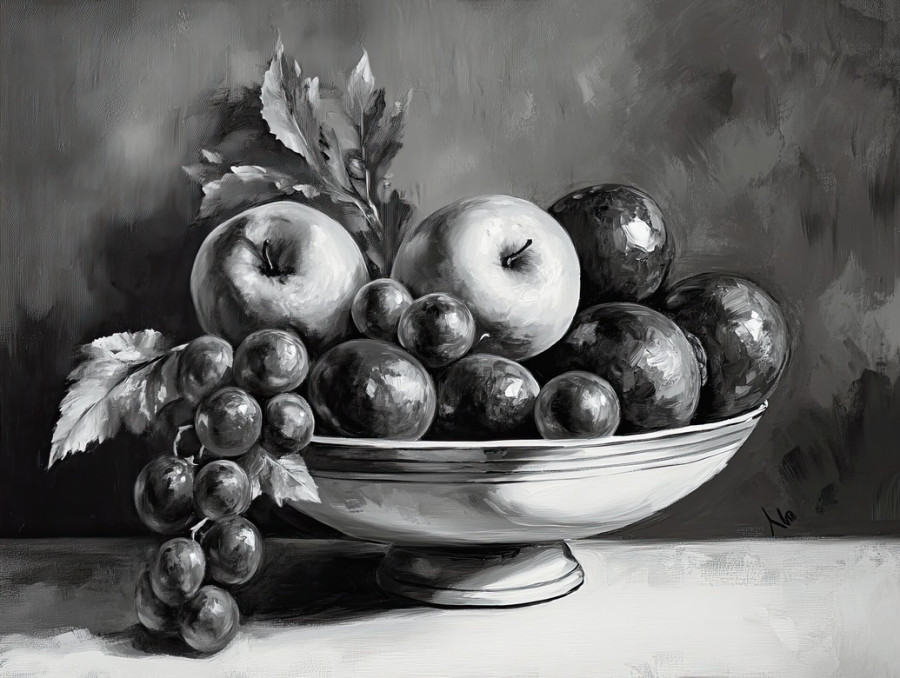 An arrangement of fruits painted in gray shades, the acrylic grisaille method highlights textures and contrasts, bringing the still life to realism