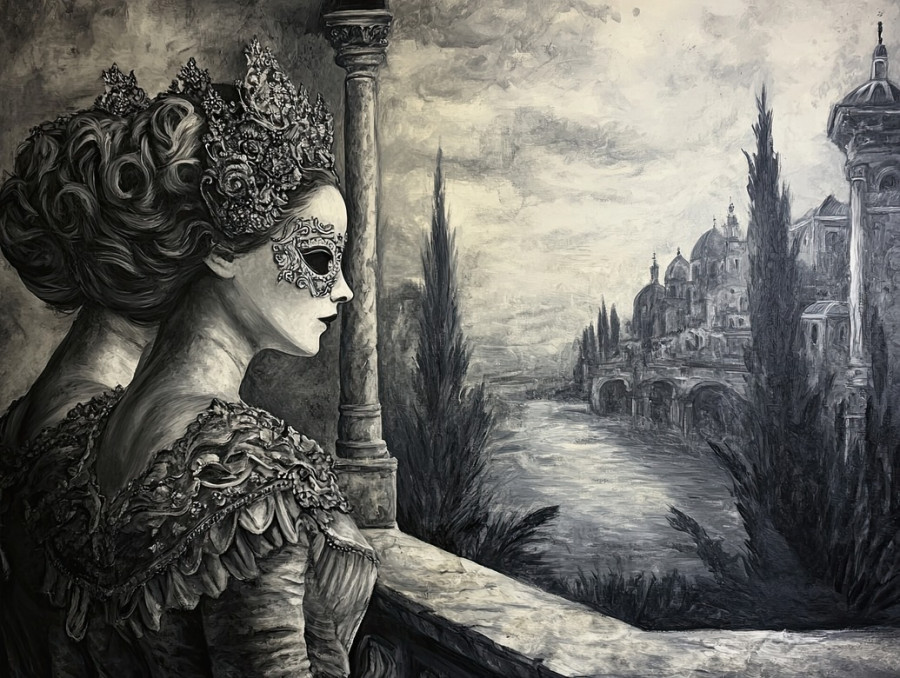Figures in ornate masks and costumes depicted in gray hues, this grisaille oil painting captures the mystery and elegance of a masquerade ball