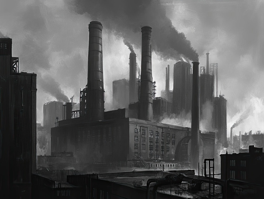 Industrial factory buildings silhouetted against the sky, rendered in monochromatic tones, the acrylic grisaille technique emphasizes the stark architecture