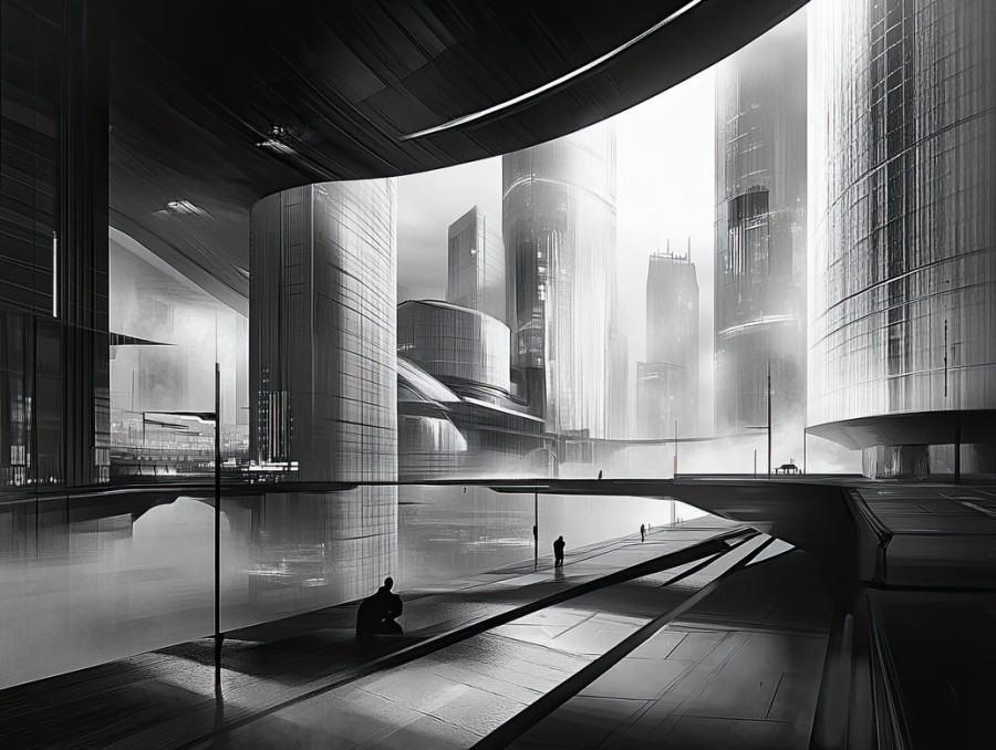 A cityscape with sleek, modern buildings depicted in gray tones, the acrylic grisaille method showcases the futuristic architecture lines and forms