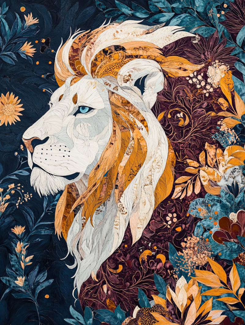 Monochrome lion in grisaille painting with intricate shading, batik art on batik fabric, majestic animal portrait with detailed fur and intense gaze