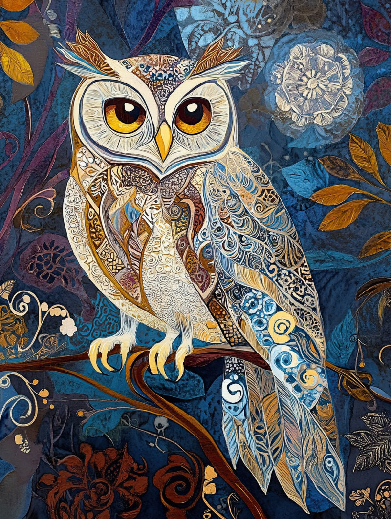 Elegant owl in delicate grisaille shading, batik art on batik fabric, nocturnal bird with sharp eyes, soft feathers, and intricate light and shadow details