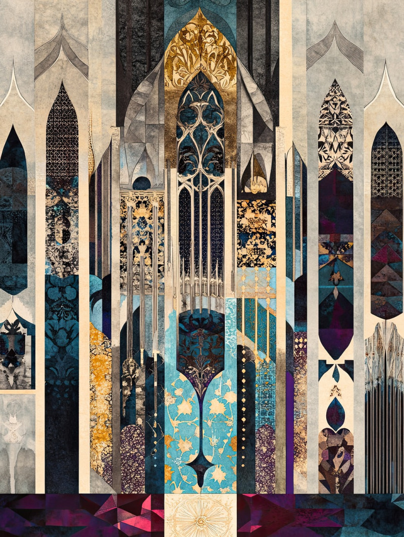 Gothic cathedral in grayscale with towering spires, intricate windows, and historic architecture, batik art on batik fabric, moody and atmospheric scene