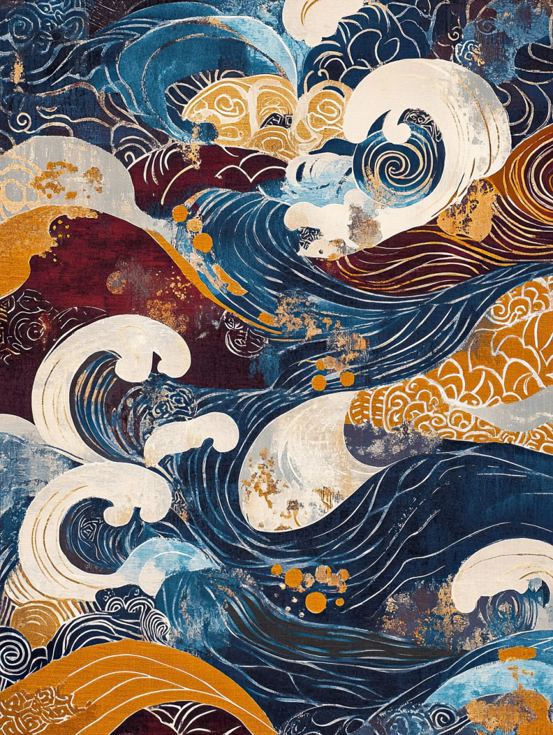 Stormy sea in grisaille tones, batik art on batik fabric, powerful ocean waves crashing under a dramatic sky, deep textures, and flowing water details