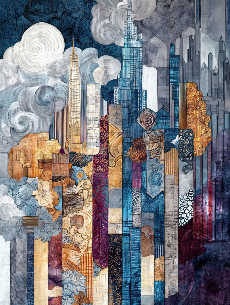 Factory skyline in grayscale, batik art on batik fabric, industrial cityscape with smokestacks and mechanical details, urban scene in dramatic shading