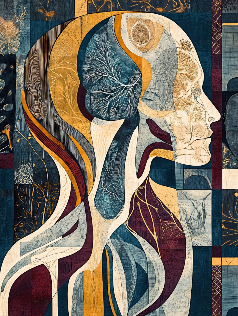 Anatomical sketch in grisaille, batik art on batik fabric, detailed human body illustration with shading, medical and scientific concept with artistic touch