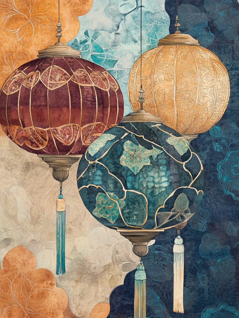 Grisaille festival lanterns in glowing monochrome, batik art on batik fabric, traditional hanging lights casting soft shadows, festive atmosphere captured