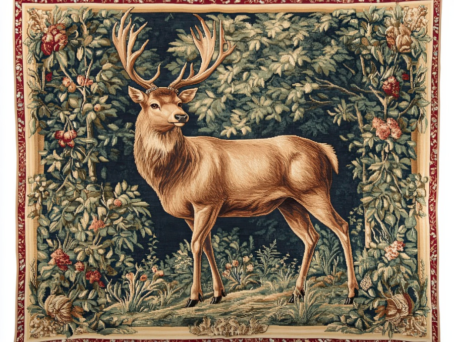 Regal stag stands in a lush forest, surrounded by intricate foliage in a flemish tapestry, classic flemish verdure tapestry with antique flemish tapestry details