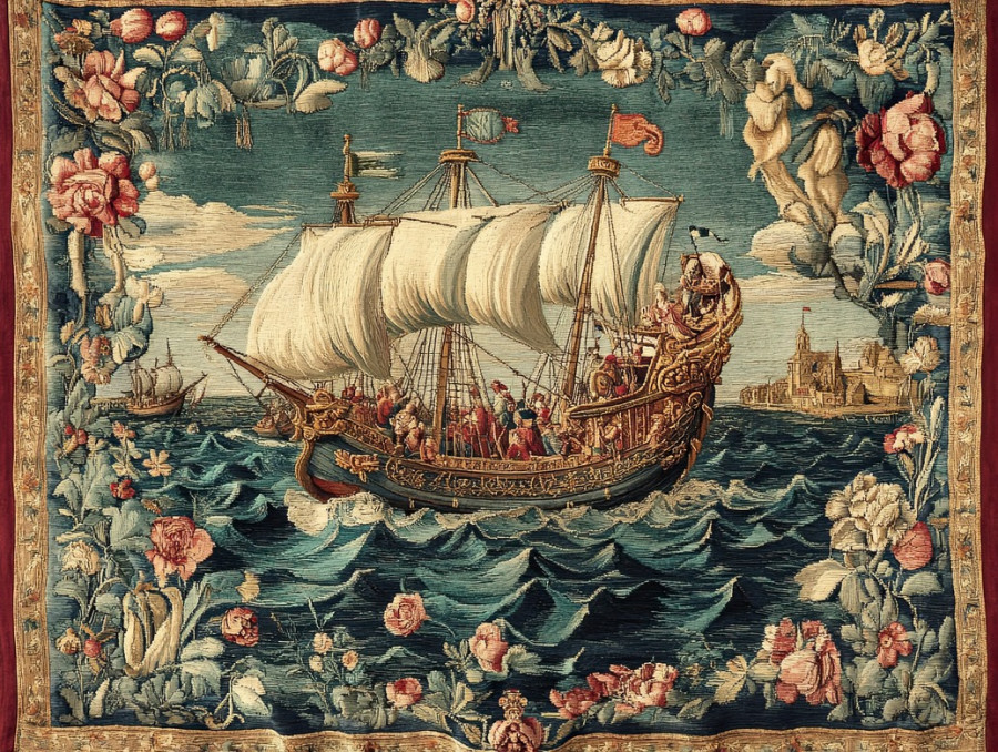 Medieval sailors navigate choppy seas in a woven flemish tapestry, antique flemish tapestry depicting maritime history with fine craftsmanship