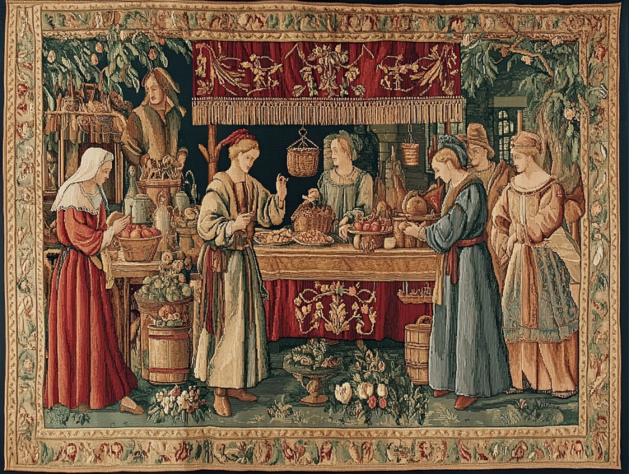 Merchants trade goods in a busy market scene, woven in a flemish tapestry, antique flemish tapestry featuring detailed figures and medieval commerce