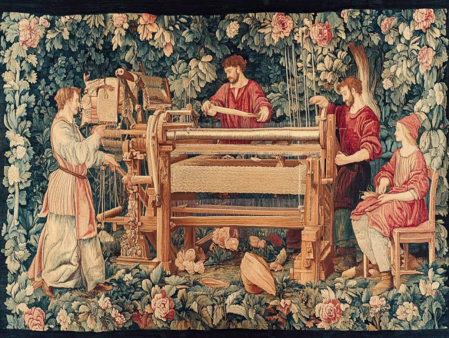 Loom workers crafting textiles in a flemish tapestry, antique flemish tapestry highlighting traditional weaving skills in a flemish verdure tapestry setting