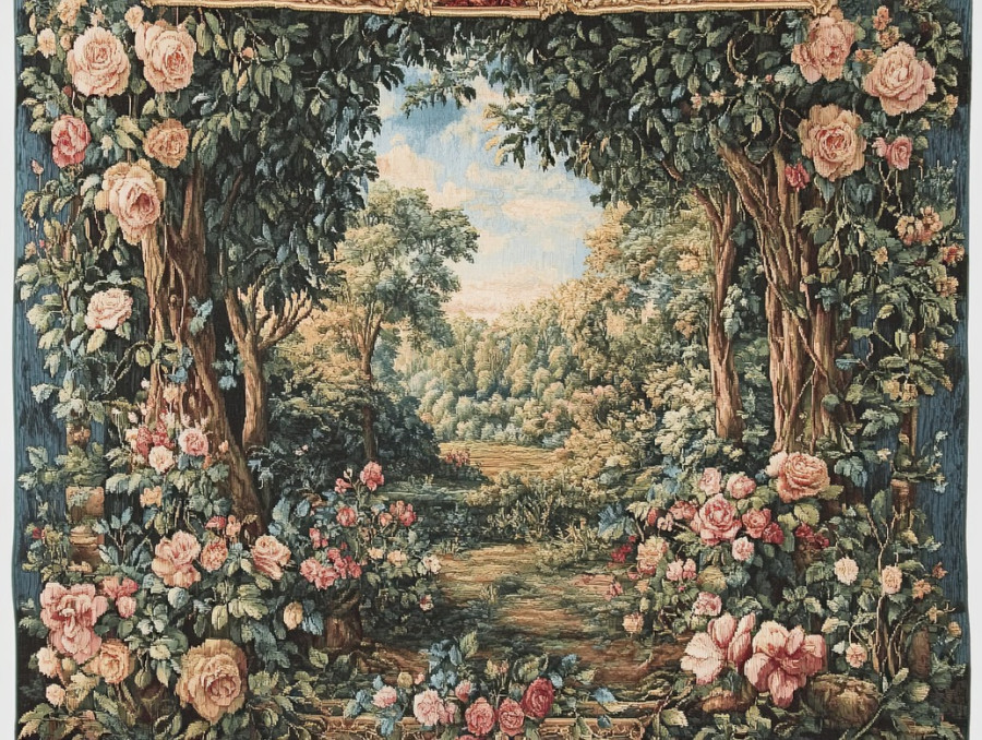 Lush forest with intricate floral patterns in a flemish tapestry, antique flemish tapestry with classic flemish verdure tapestry nature-inspired details