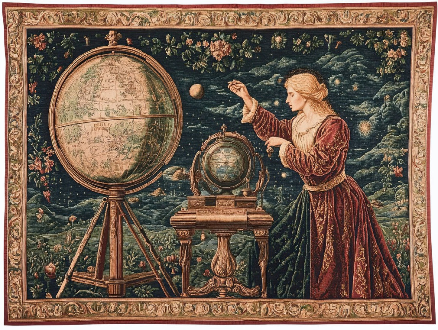 Astronomer studies celestial bodies in a rich woven flemish tapestry, antique flemish tapestry featuring scientific discovery and flemish verdure tapestry artistry