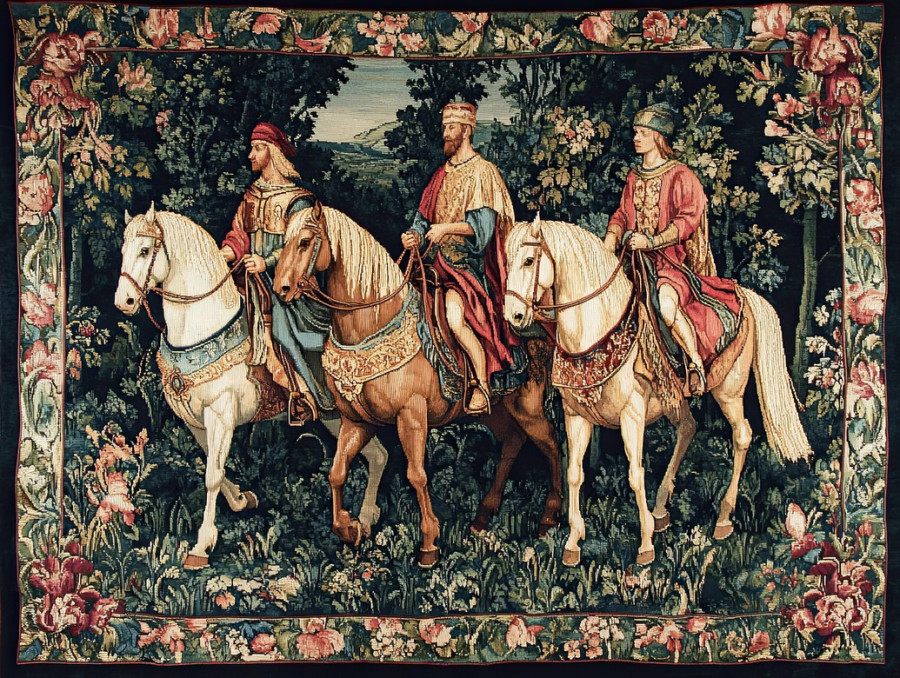 Travelers on horseback journey through a scenic landscape in a flemish tapestry, antique flemish tapestry capturing adventure in a flemish verdure tapestry design