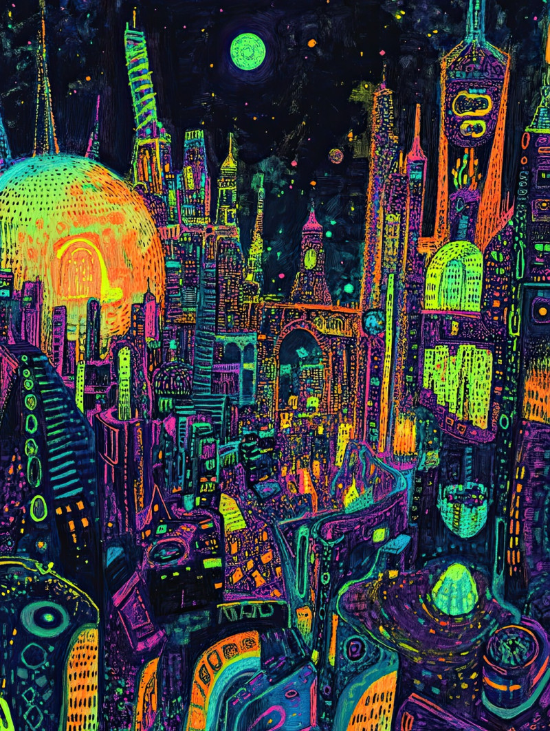 Detailed cityscape in fine linework, showing buildings, streets, and rooftops in micrographia style, book micrographia technique captures architectural precision