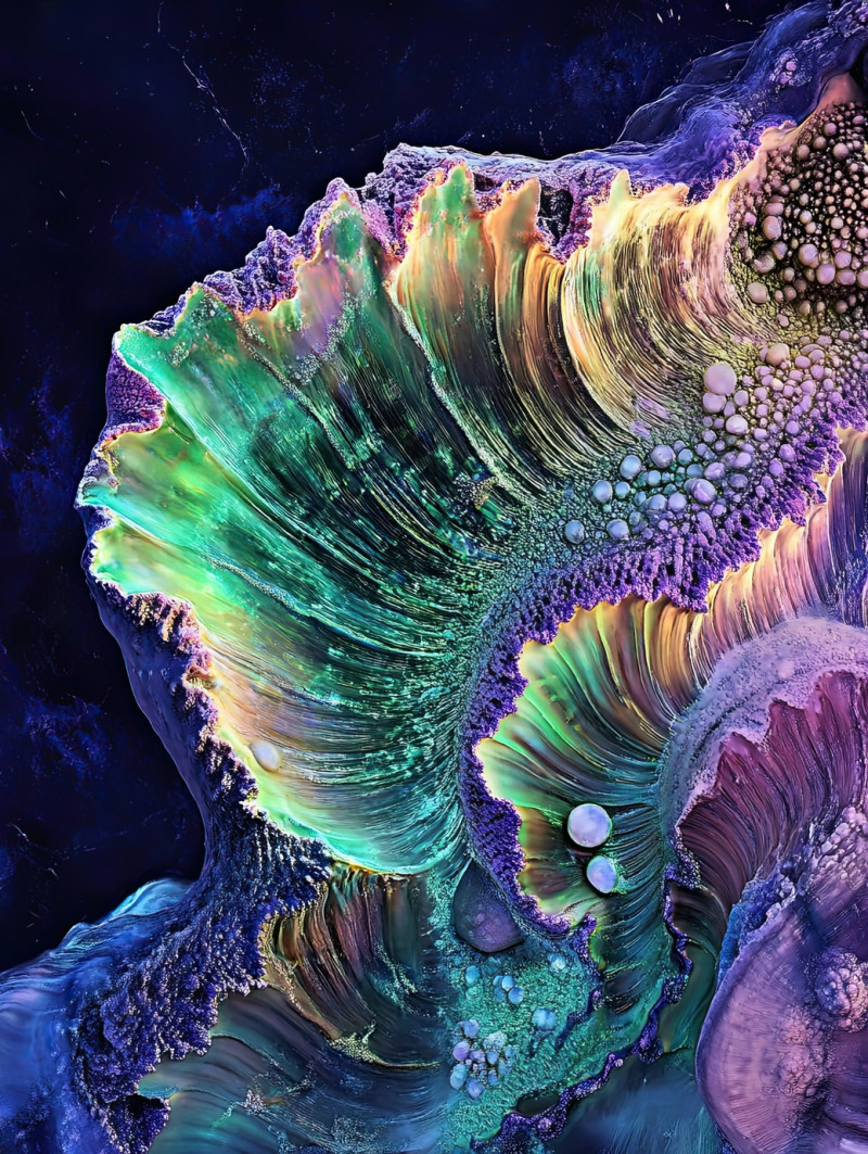 Shell structure in microscopic view, highlighting spiral ridges and surface textures, the micrographia approach enhances natural patterns in book micrographia style