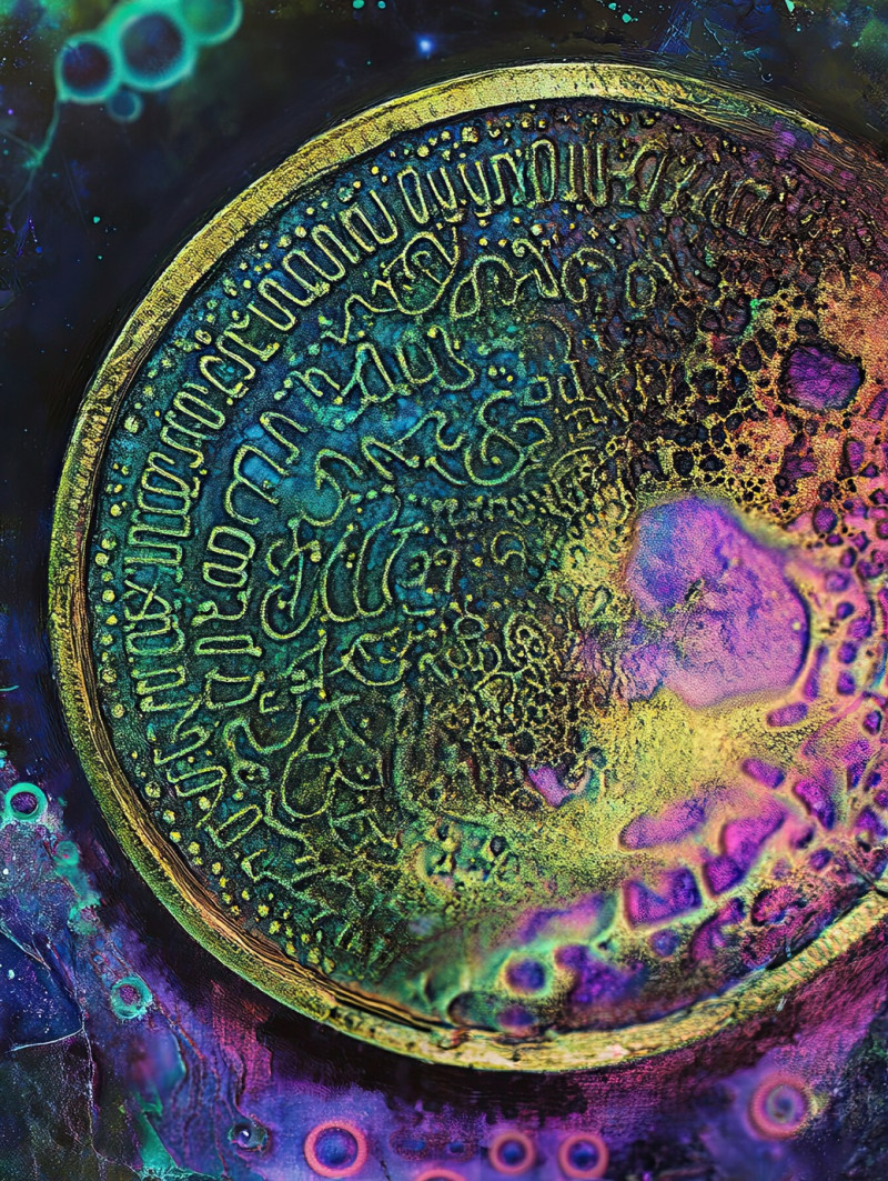 Engraved coin with tiny script, displaying precise lettering and intricate relief, the micrographia style brings out fine details in book micrographia etching