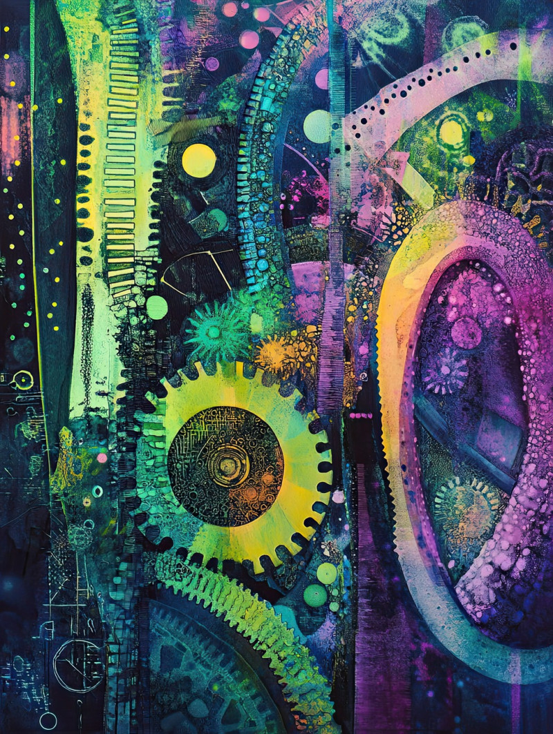 Gear mechanism in precise etching, capturing interlocking teeth and mechanical parts, the micrographia method reveals technical detail in book micrographia style