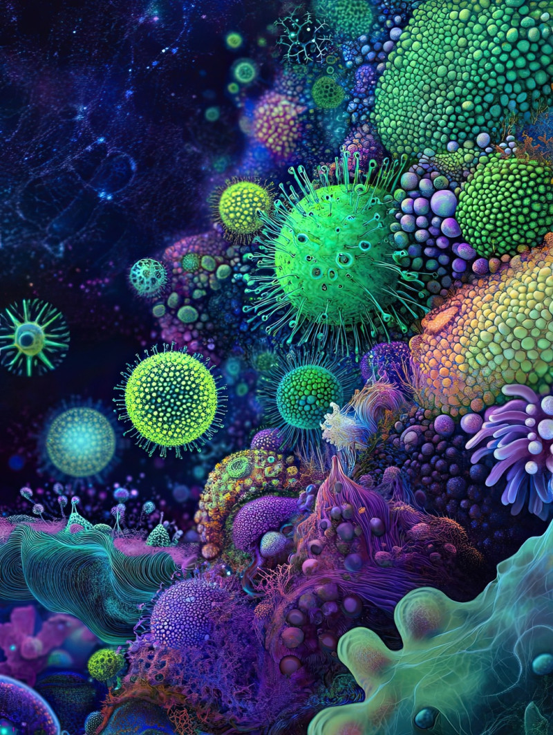 Microbial world in fine detail, showing bacteria, cells, and microscopic organisms, book micrographia technique highlights organic shapes in the micrographia study