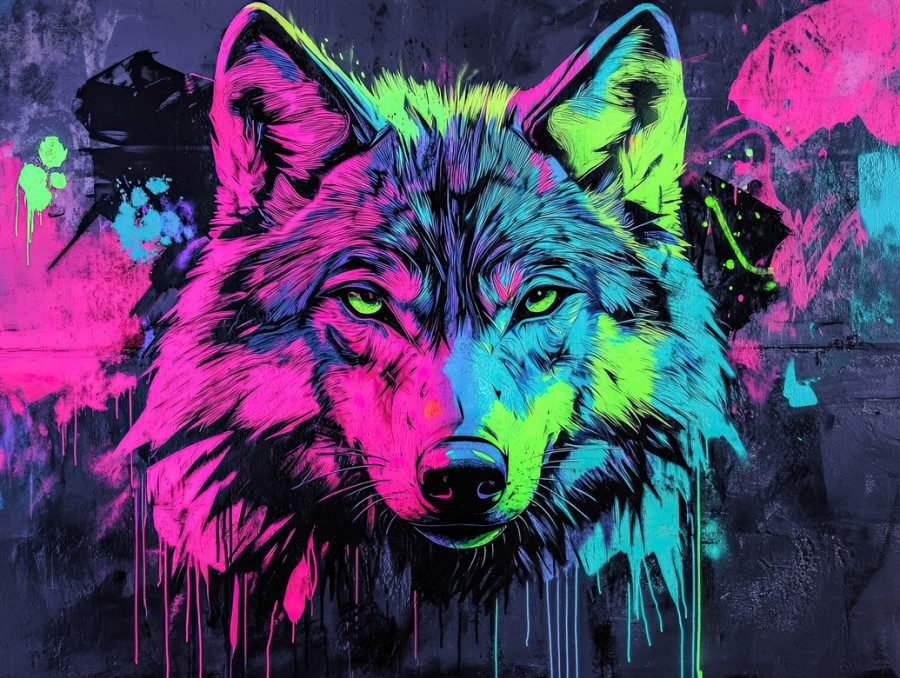 Neon wolf in aerosol street art, glowing fur and fierce eyes, custom spray paint technique, urban mural with bold strokes, paint spray effect