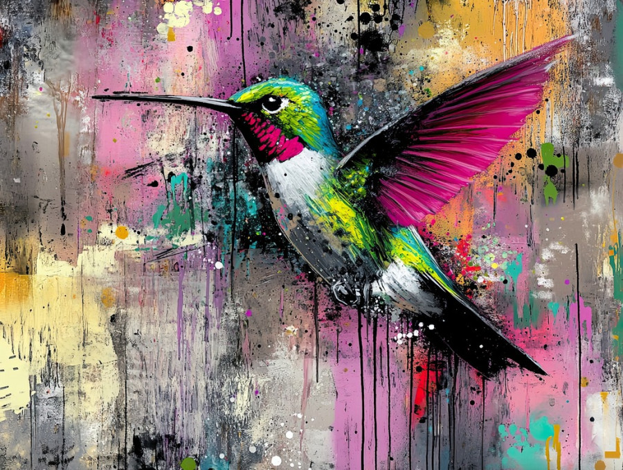 Vibrant spray painted hummingbird, wings spread wide, bright colors blending in aerosol paint, custom spray paint details, urban wall artwork
