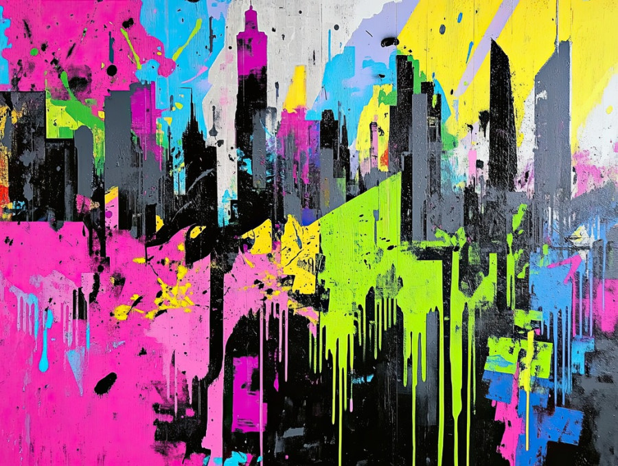 Graffiti skyline in bold colors, cityscape silhouette, dynamic street mural, aerosol paint effects, custom spray paint artwork, urban creativity