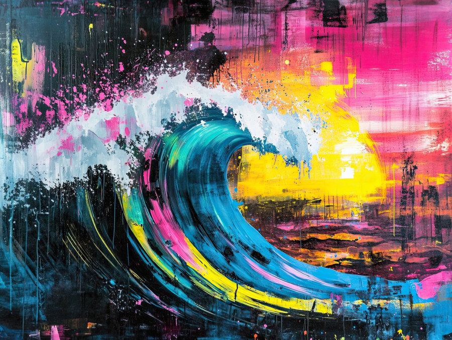 Sunset wave in spray paint style, ocean motion with warm hues, dynamic splash effect, aerosol paint art, custom spray paint details, street mural