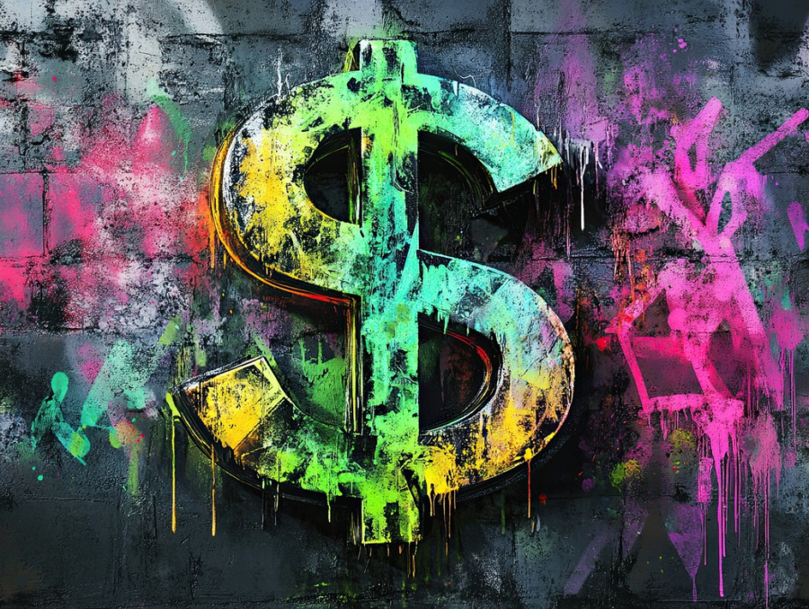 Dollar sign in street graffiti, bold financial symbol with drips, bright contrast, aerosol paint details, custom spray paint effect, urban artwork