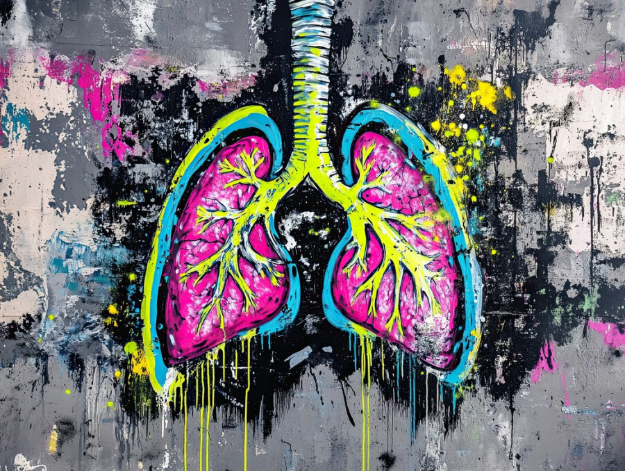 Abstract lungs in spray art, vibrant respiratory concept, health and nature fusion, aerosol paint effects, custom spray paint details, bold street art