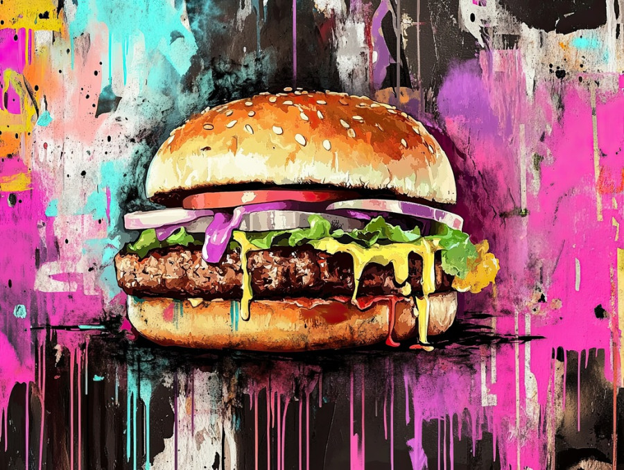 Dripping spray paint burger, colorful fast food graffiti, urban street art, aerosol paint style, custom spray paint details, creative wall mural