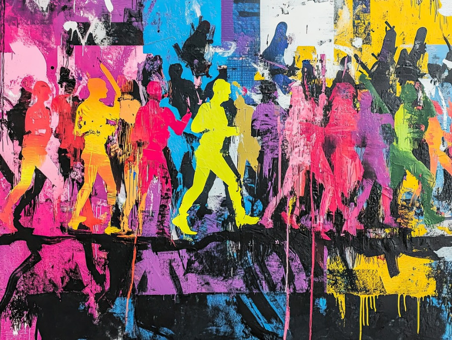 Colorful crowd in graffiti style, vibrant people silhouettes, movement and energy, aerosol paint technique, custom spray paint mural, urban vibe