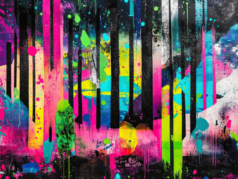 Cosmic forest in neon spray, glowing trees under a starry sky, surreal dreamscape, aerosol paint effect, custom spray paint details, street mural