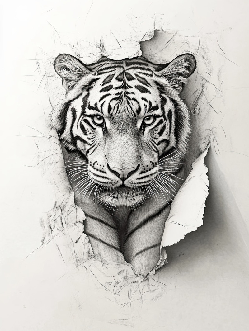 Shaded tiger in detailed pencil drawing, capturing lifelike realism with fine sketching pencils and graphite pencil strokes, showcasing fur texture and fierce gaze