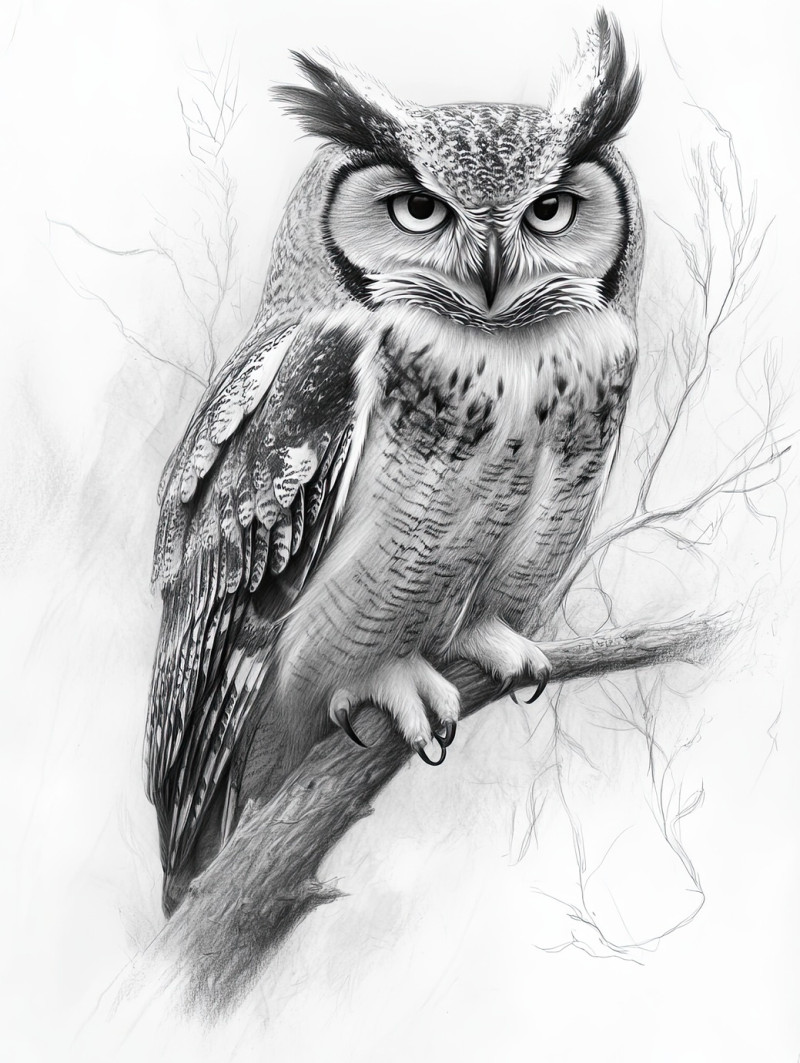 Soft graphite owl sketch in pencil drawing, featuring delicate feathers and wide eyes, created with sketching pencils and fine shading for a realistic wildlife portrait