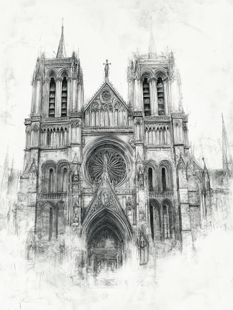 Gothic cathedral in pencil drawing, showcasing towering spires, intricate arches, and fine details with sketching pencils and graphite pencil for architectural realism