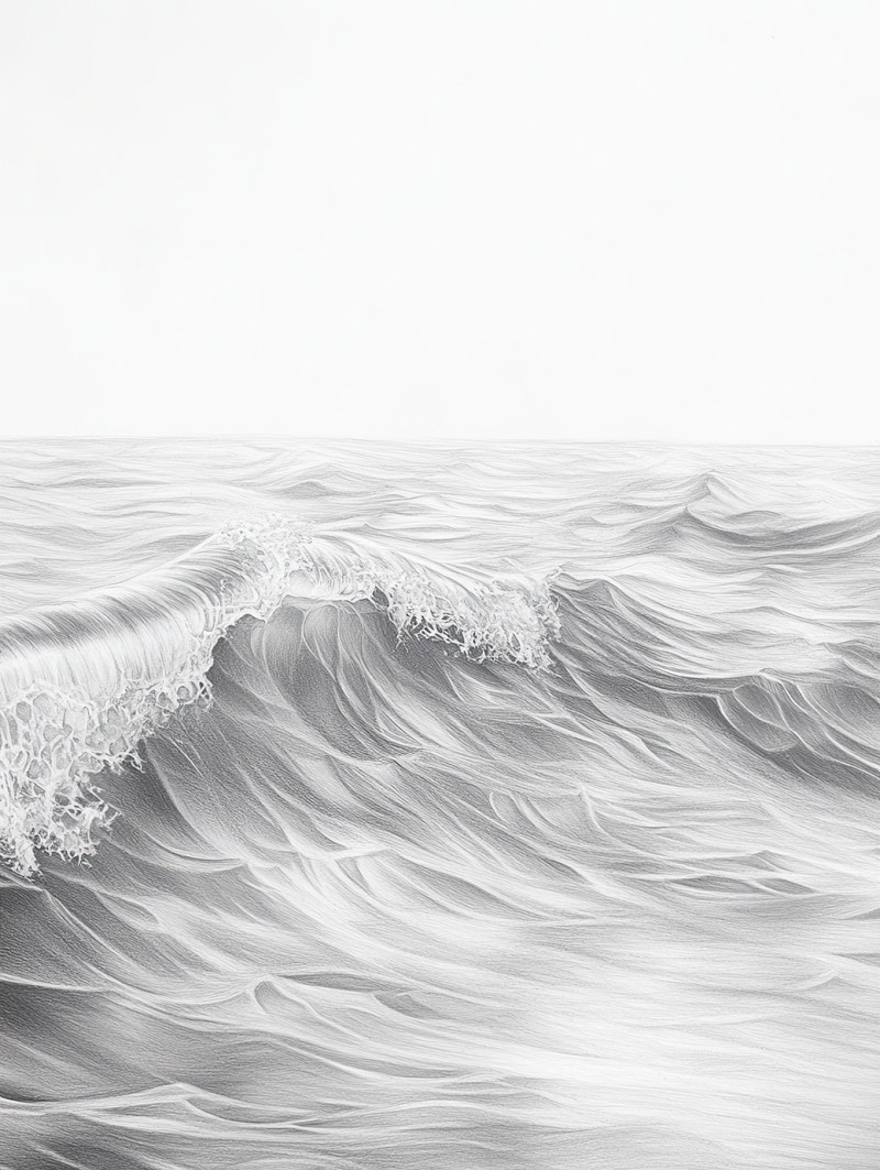 Gentle waves in pencil shading, capturing flowing water movement and light reflections with sketching pencils and graphite pencil for a calming seascape drawing