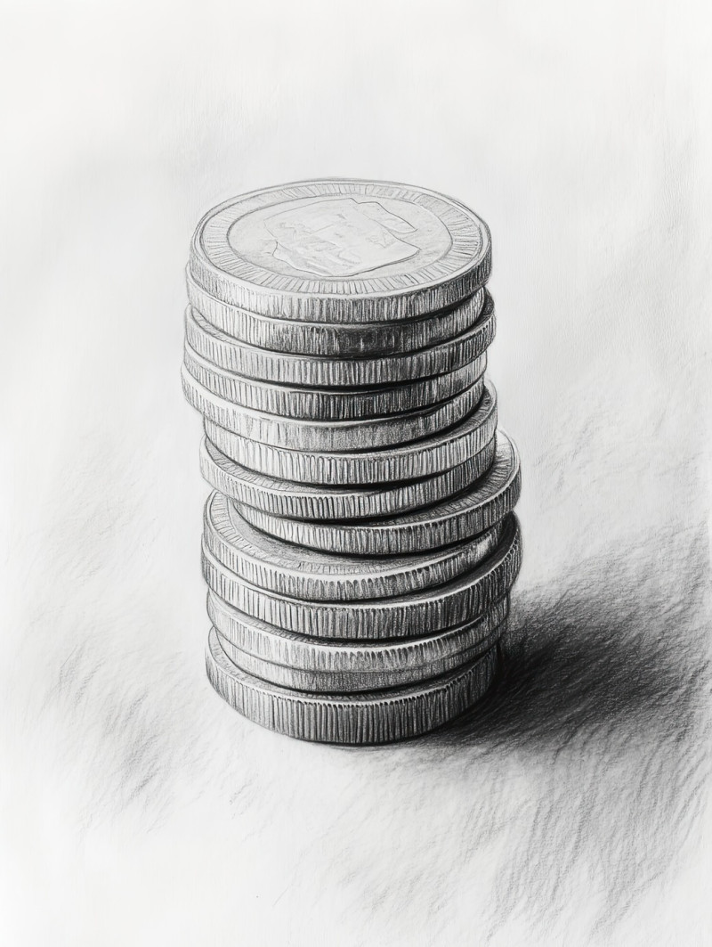 Stacked coins in fine pencil drawing, highlighting metallic texture and precise shading with sketching pencils and graphite pencil for a realistic financial concept