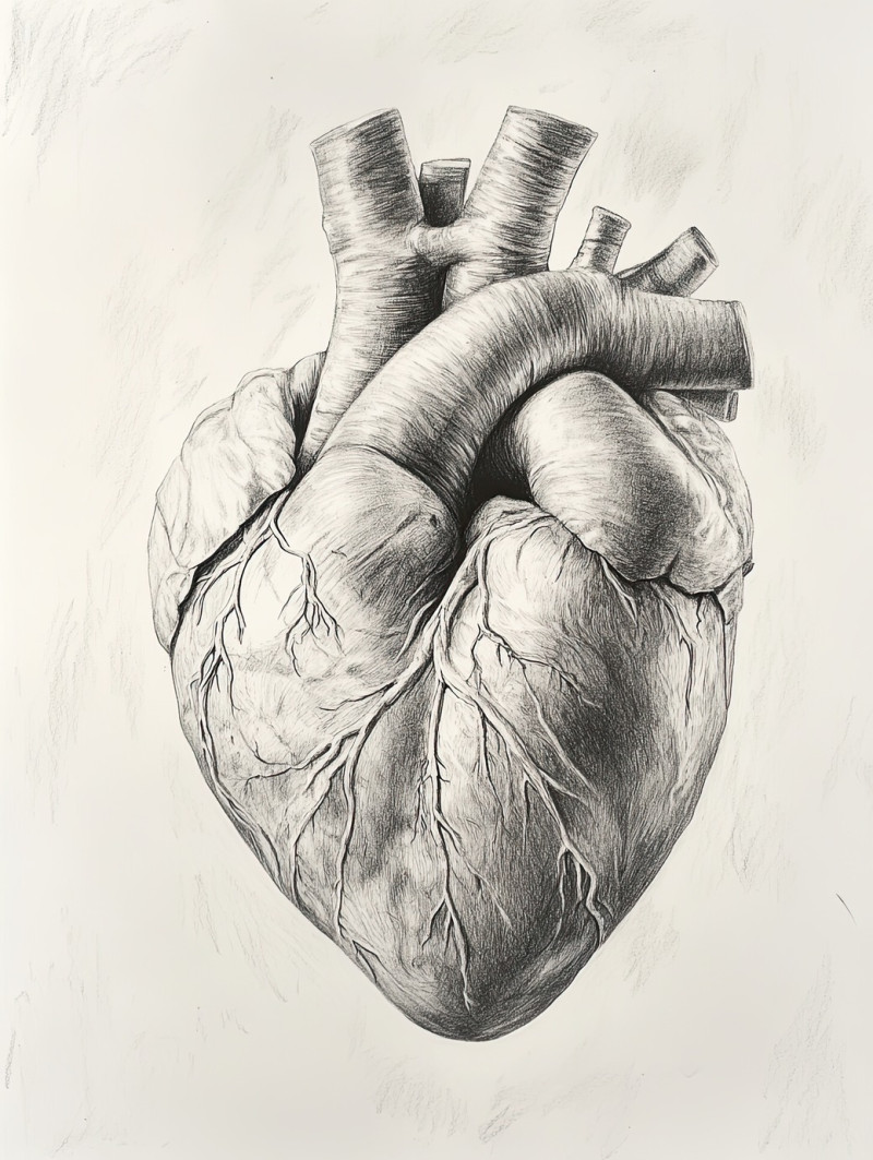 Anatomical heart in graphite detail, pencil drawing showing veins, arteries, and muscle texture, created with sketching pencils and graphite pencil for medical illustration
