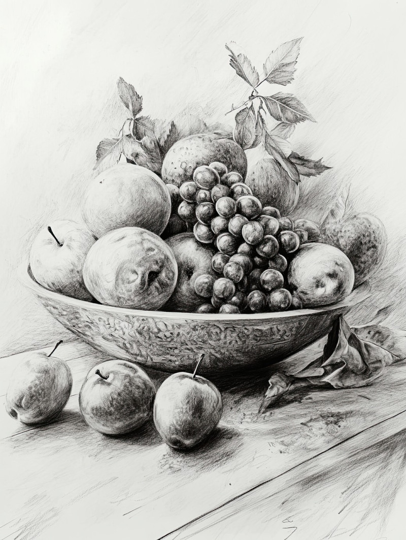 Still life fruit in pencil shading, featuring apples, pears, and grapes with soft light reflections, drawn with sketching pencils and graphite pencil for realism
