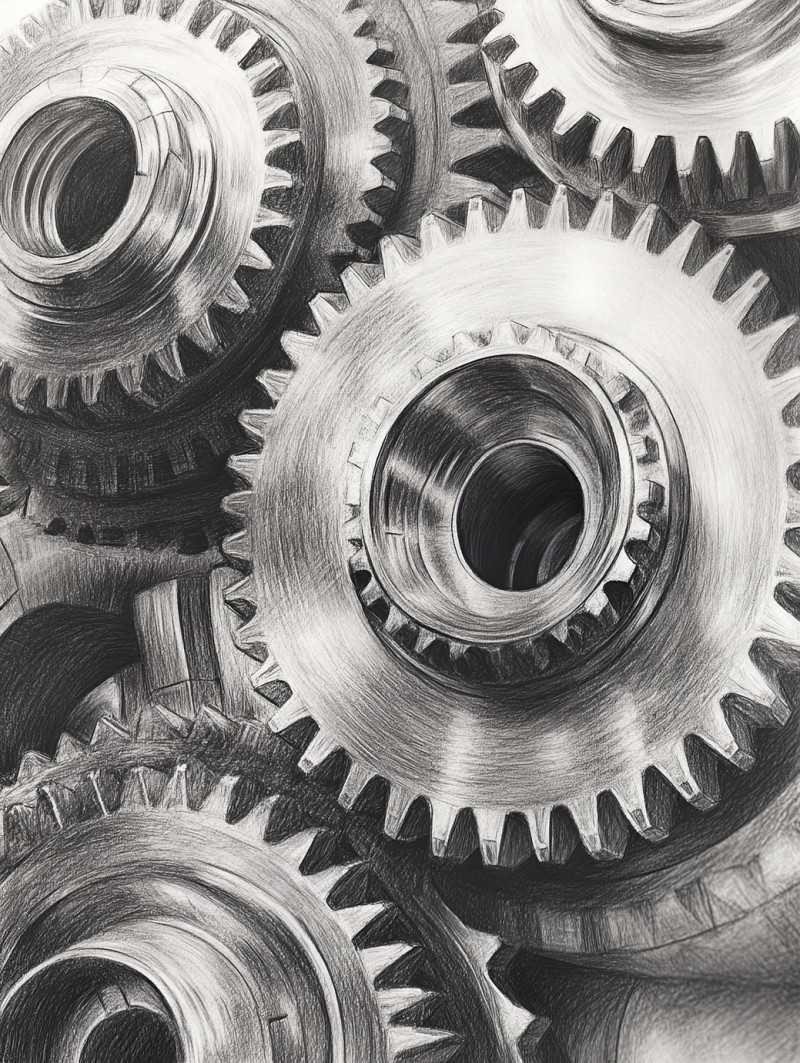Factory gears in precise pencil lines, illustrating mechanical cogs and industrial design with sketching pencils and graphite pencil for technical and engineering themes